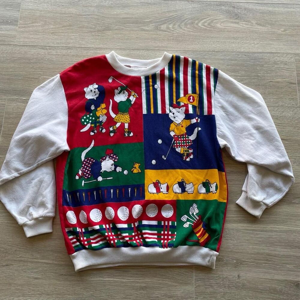 Spumoni Vintage 90's Cats Golfing Sweatshirt Women's Medium Granny Retro Unique